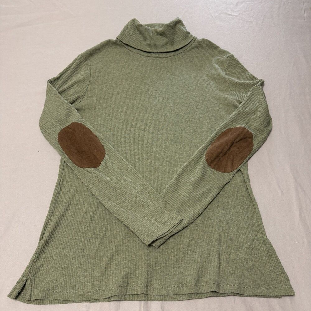 Lauren Ralph Lauren Green Ribbed Knit Turtleneck Elbow Patches Women Equestrian